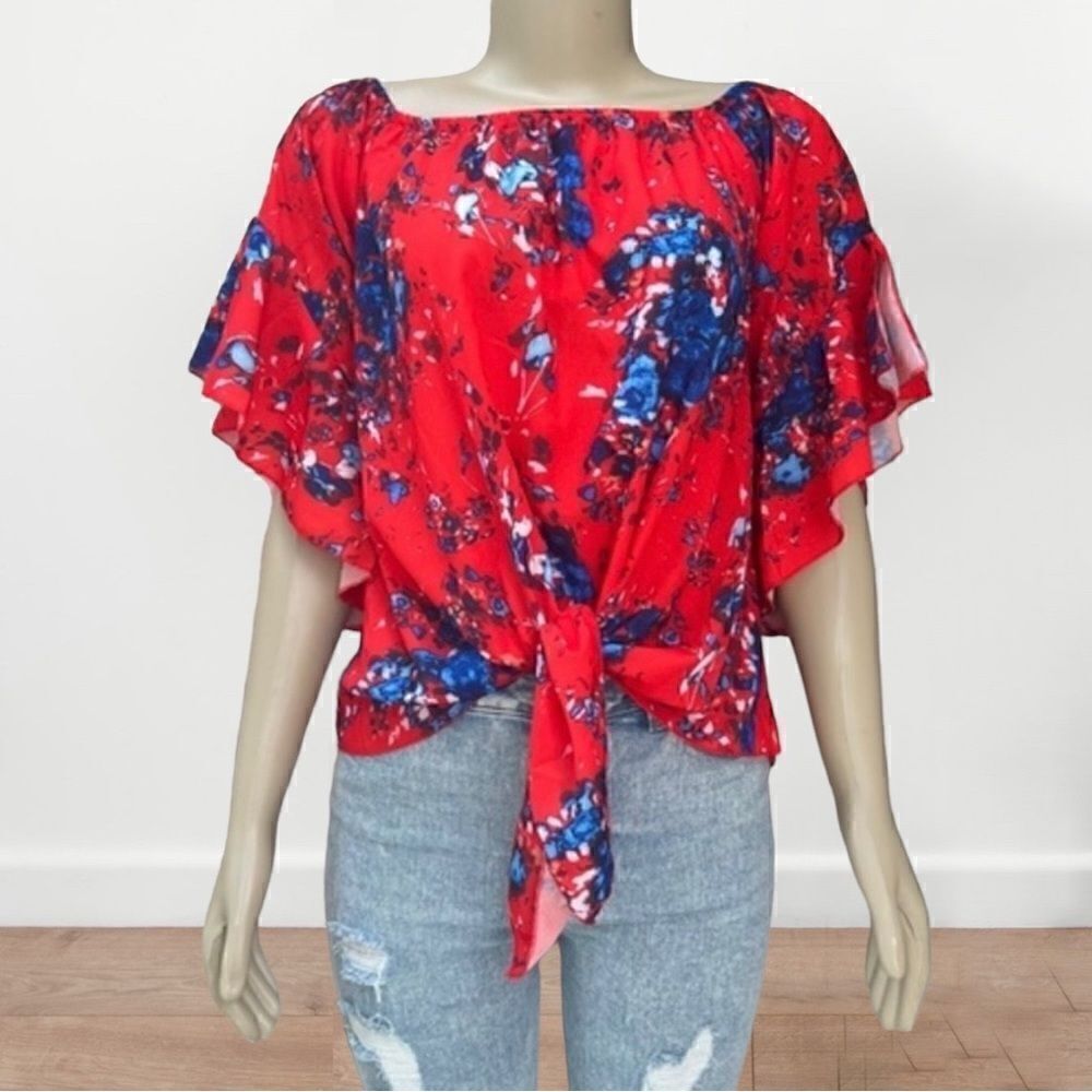Women's Boho Floral Print Flare Sleeve Off‎ the Shoulder Tie Knot Blouse Small